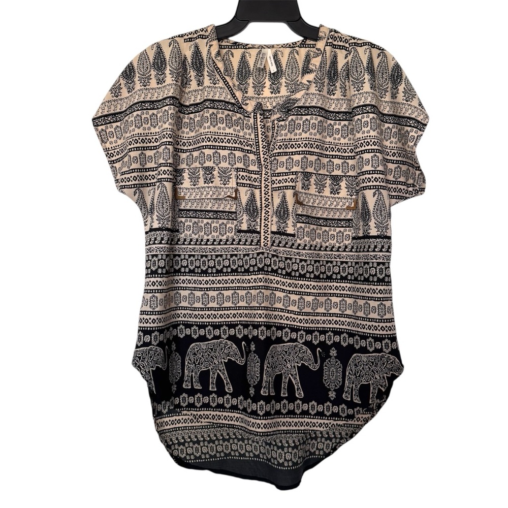 Live 4 Truth Bojo Elefant Print Blouse black & Tan Size Large